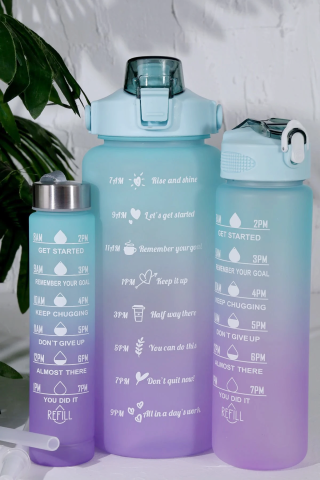 3'lü Motivasyonel Su Matarası Su Şişesi 2 LT + 900 ML + 500 ML - Yeşil