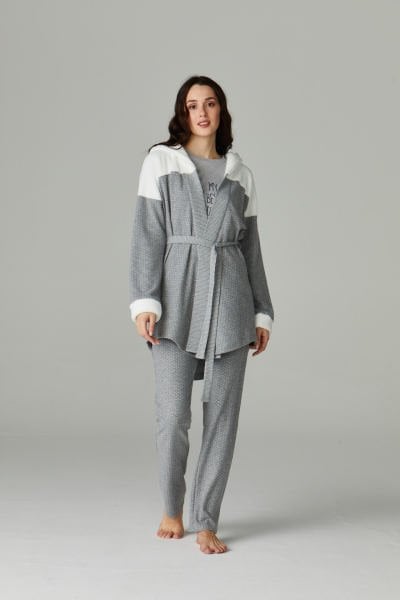 Hazel Kapüşon Model Sabahlıklı Kadın 3'lü Pijama Takımı