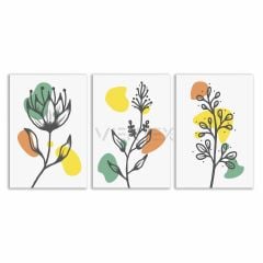 Dekoratif Sarı Yaprak Desen Bohem Retro Art Minimal 3lü Set Tablosu - MNT124