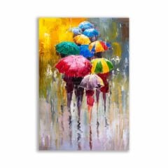 Yağmurda Yürüyen Şemsiyeli İnsanlar Yağlı Boya Tablosu - FWN126