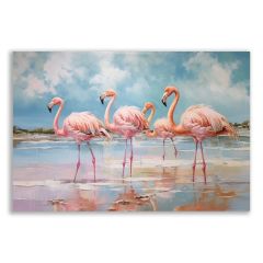 Flamingo Ailesi Gölde Yağlı Boya Tablosu - FWN146