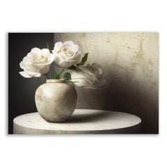 Beyaz Güllerle Süslenmiş Seramik Vazo Tablosu  - FLR116