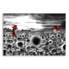 Ayçiçek Tarlasında Kırmızı Kız Siyah Beyaz Tablosu - BLK137