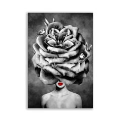 Kafasında Gül Çiçeği Olan Kız Siyah Beyaz Tablosu - BLK140