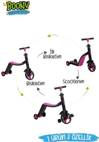 BOONY PEMBE ÇOCUK SCOOTER- BİSİKLET 1 ÜRÜN 3 ÖZELLİK 50 KG TAŞIMA KAPASİTELİ