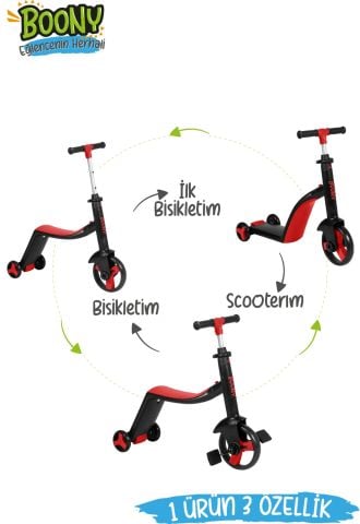 BOONY KIRMIZI ÇOCUK SCOOTER- BİSİKLET 1 ÜRÜN 3 ÖZELLİK 50 KG TAŞIMA KAPASİTELİ