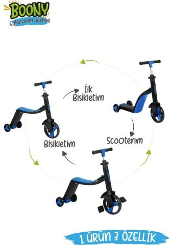 BOONY MAVİ ÇOCUK SCOOTER- BİSİKLET 1 ÜRÜN 3 ÖZELLİK 50 KG TAŞIMA KAPASİTELİ