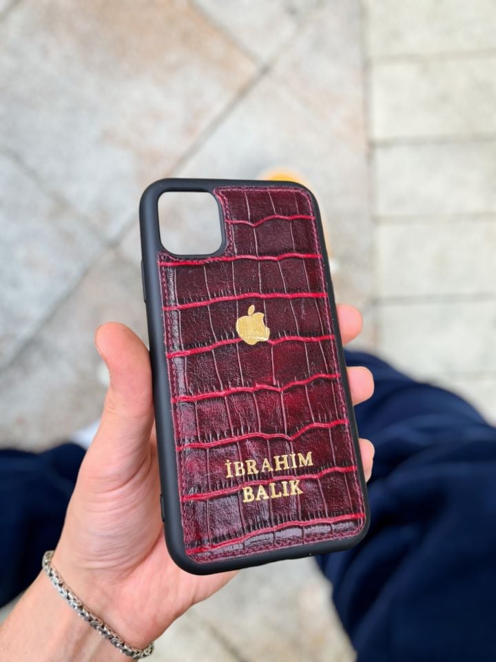 VİSSO BORDO CROCO GERÇEK DERİ ÇANTA İSME ÖZEL TELEFON KILIFI   Apple Logolu