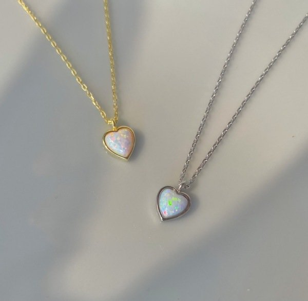 925 Ayar Gümüş Minimal Opal Taşlı Kalp Kolye