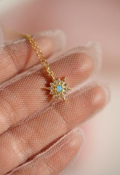 Mavi  Opal Taşlı Kutup Yıldızı Kolye - 925 Ayar Gümüş