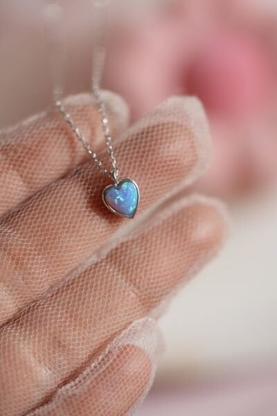 Minimal Mavi Opal Taşlı Kalp Kolye - 925 Ayar Gümüş