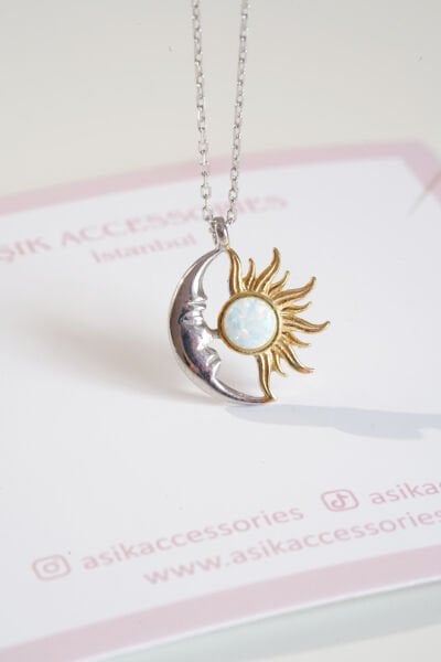 Opal Taşlı Güneş ve Ay 925 Ayar Gümüş Kolye