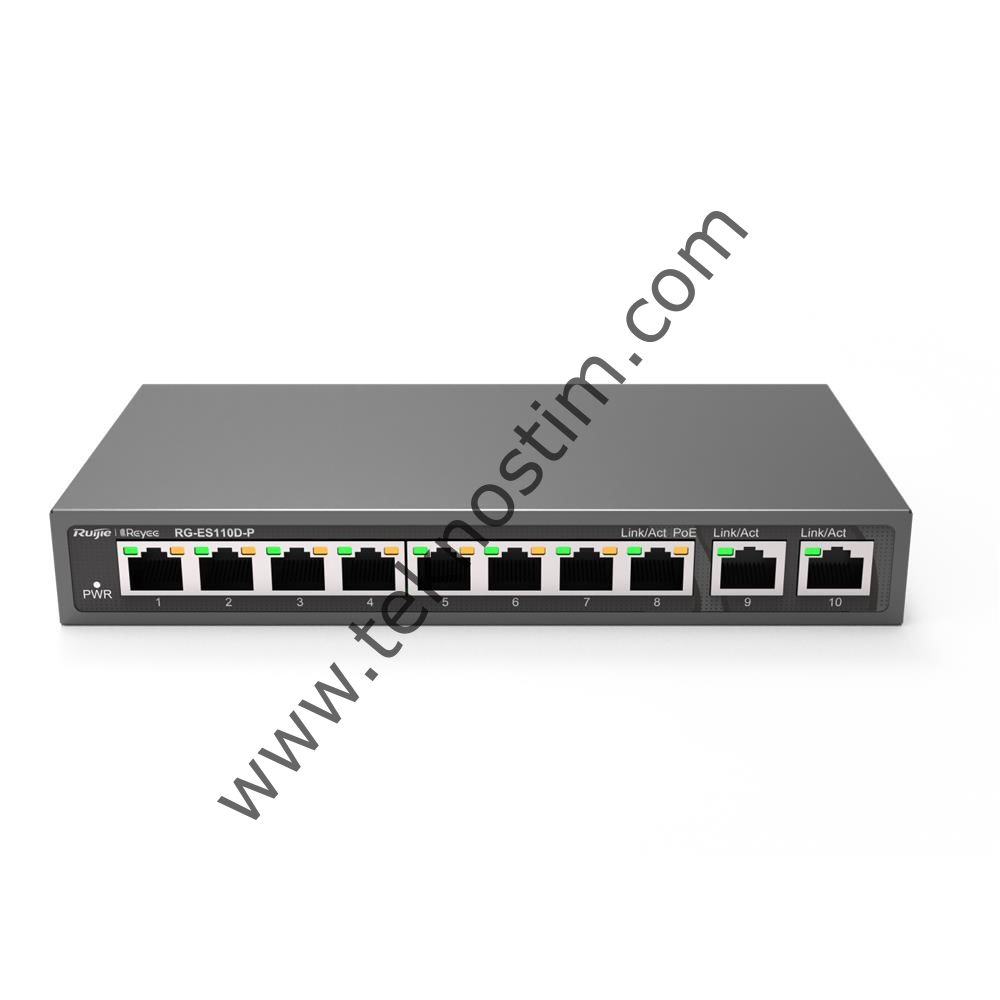 Ruijie-Reyee RG-ES110D-P 8 Port Poe+ 10-100 Mbps 2 Port 10-100-1000 Mbps Uplink Switch Çelik Kasa