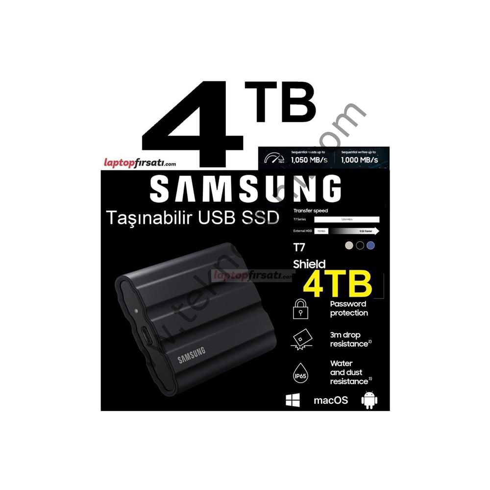 Samsung 4TB T7 Shield MU-PE4T0S-WW 1050MB-1000MB-S USB 3.2 Gen2 Taşınabilir SSD Siyah