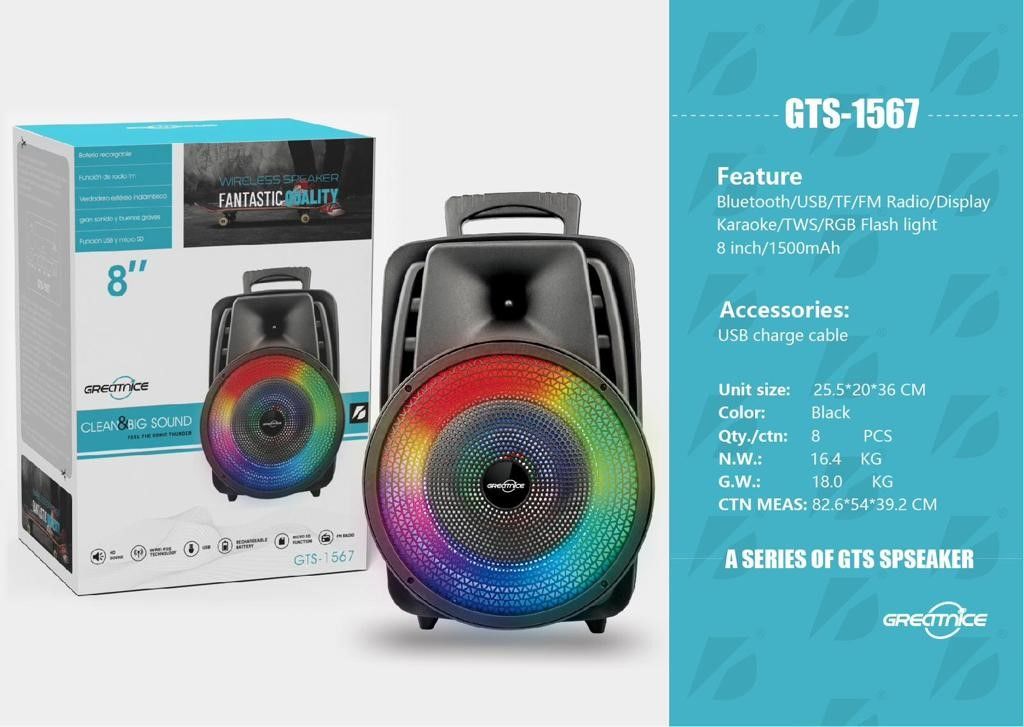 GTS-1567 8'' Siyah Mikrofonlu Bleutooth-Fm-Usb Küçük El Anfisi RGB