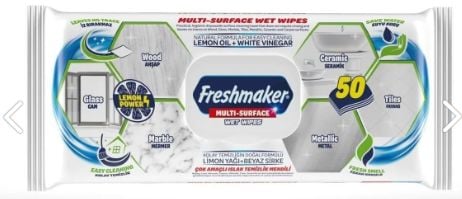 Freshmaker 50li Çok Amaçlı Islak Mendil Limon Yağı+Beyaz Sirke)(Mermer-Ahşap-Metal-Seramik)