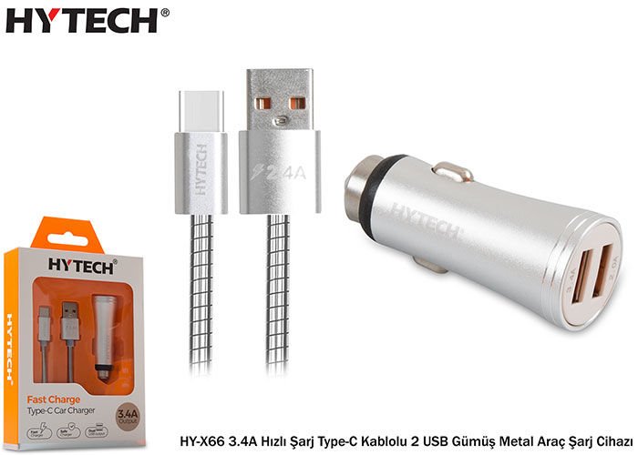 Hytech HY-X66 3.4A Hızlı Şarj Type-C Kablolu 2 USB