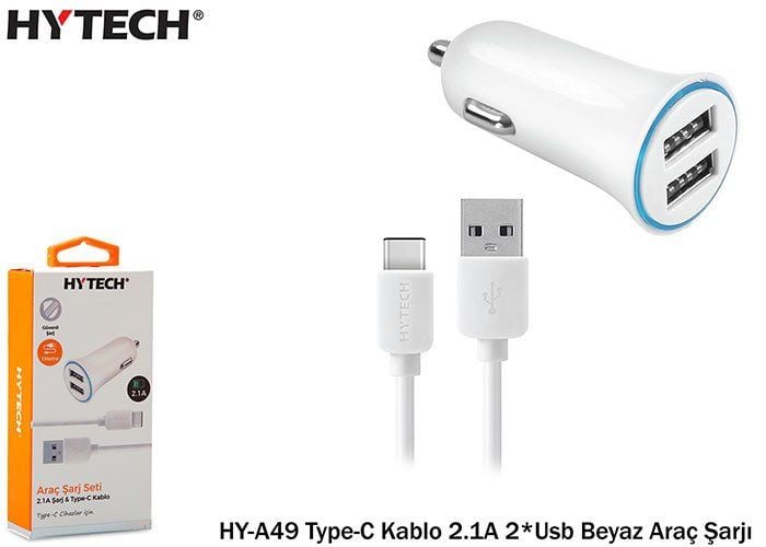Hytech HY-A49 Type-C Kablo 2.1A 2-Usb Beyaz Araç