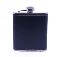 Siyah Deri Kaplama Paslanmaz Çelik Cep Matarası - Hip Flask 7 OZ