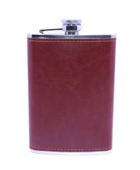 Kahverengi Deri Kaplama Paslanmaz Çelik Cep Matarası - Hip Flask 9 OZ