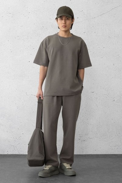 Fırçalı Kumaş Basic Oversize T-Shirt & Eşofman Altı