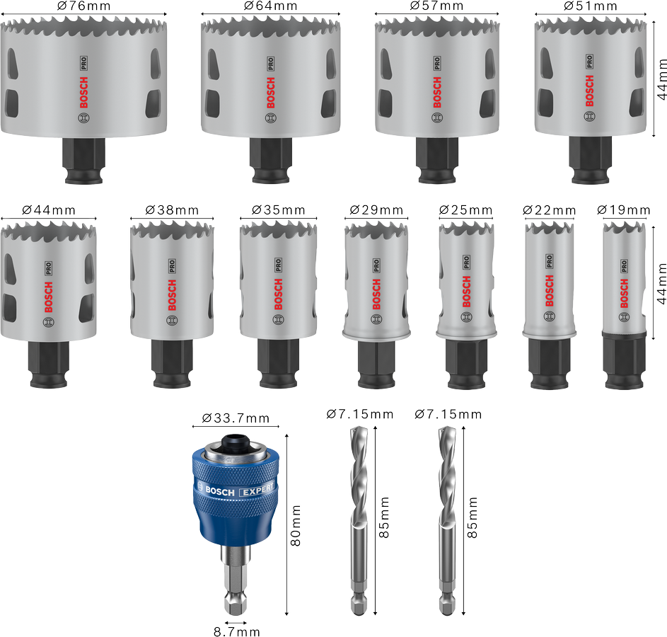 Bosch Aksesuar PRO Multi Material PC-Plus Delik Açma Testeresi Set 14 Parça (19-22-25-29-35-38-44-51-57-64-76 Çap / 44 mm Yükseklik)