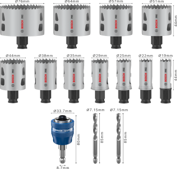 Bosch Aksesuar PRO Multi Material PC-Plus Delik Açma Testeresi Set 14 Parça (19-22-25-29-35-38-44-51-57-64-76 Çap / 44 mm Yükseklik)