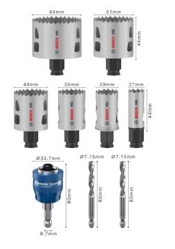 Bosch Aksesuar PRO Multi Material PC-Plus Delik Açma Testeresi Set 9 Parça (22-29-35-44-51-64 Çap / 44 mm Yükseklik)