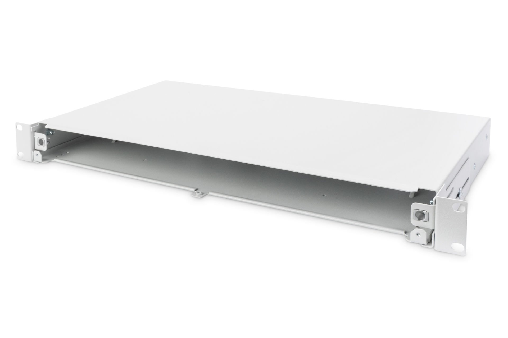 Assmann Digitus Sürgülü Boş Fiber Optik Sonlandırma Kutusu, Kilit Mekanizmalı, 1U, Ön Panel Haricen Temin Edilir, M20/M25 Vidalar Dahil, Gri Renk