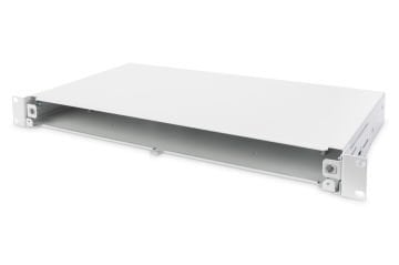 Assmann Digitus Sürgülü Boş Fiber Optik Sonlandırma Kutusu, Kilit Mekanizmalı, 1U, Ön Panel Haricen Temin Edilir, M20/M25 Vidalar Dahil, Gri Renk