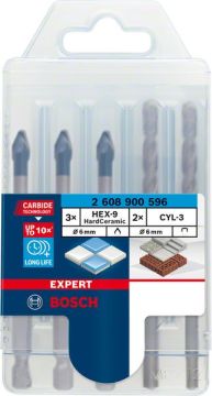 Bosch Seramik Matkap Ucu Expert HEX-9 HardCeramic Set 6 mm (5 Adet) (3xHEX9 / 2xCYL3) - 2608900596