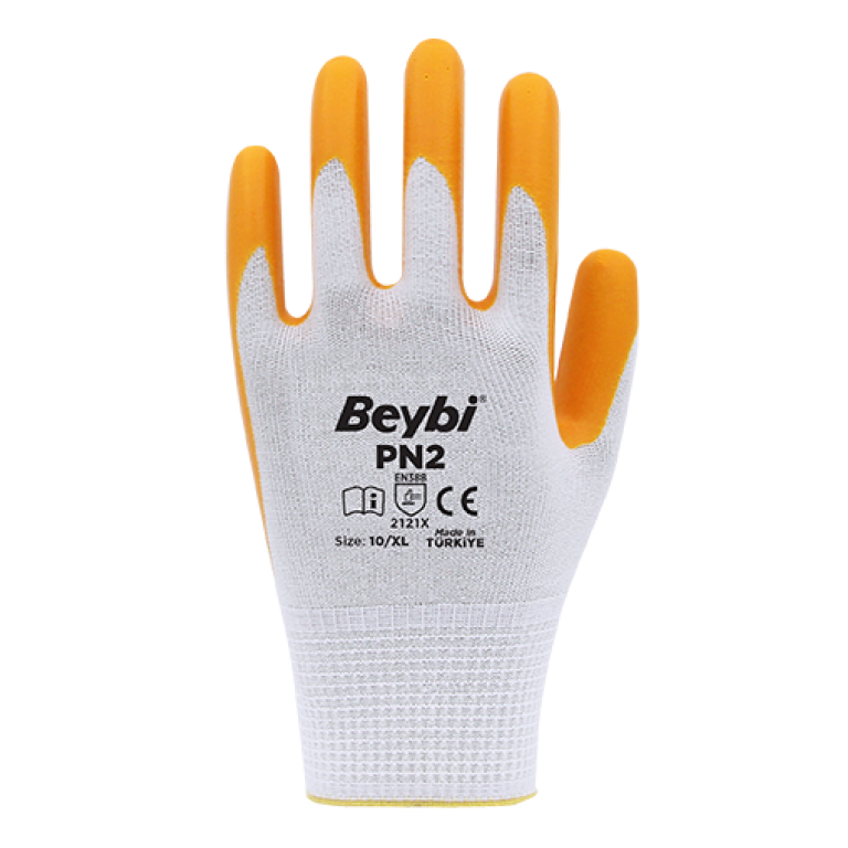 Beybi Pn2 Polyester Astarlı Örme Nitril Kaplı Eldiven Sarı-Beyaz No 09