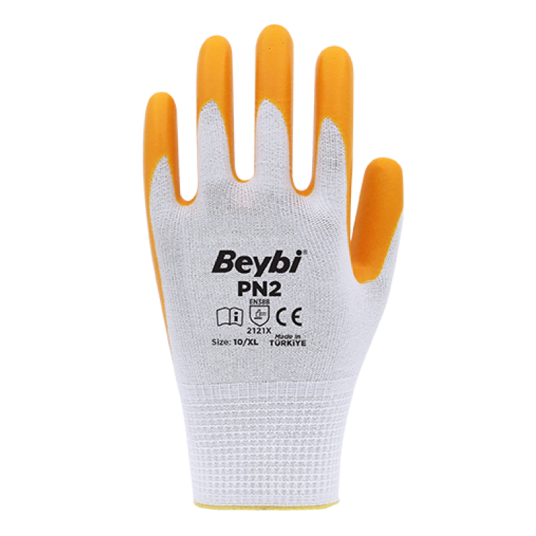 Beybi Pn2 Polyester Astarlı Örme Nitril Kaplı Eldiven Sarı-Beyaz No 09