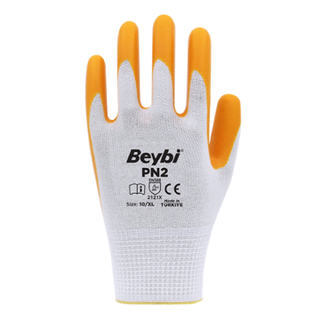 Beybi Pn2 Polyester Astarlı Örme Nitril Kaplı Eldiven Sarı-Beyaz No 09
