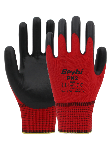 Beybi Pn2 Polyester Astarlı Örme Nitril Kaplı Eldiven Kırmızı-Siyah No 10