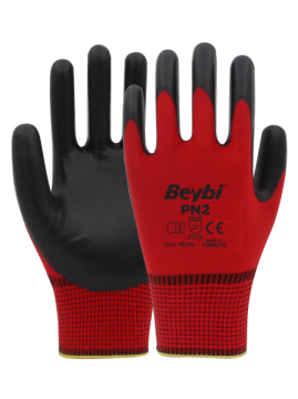 Beybi Pn2 Polyester Astarlı Örme Nitril Kaplı Eldiven Kırmızı-Siyah No 10