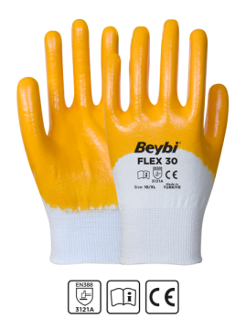 Beybi Flex 30 Pamuk Görünümlü Polyester Örme Eldiven Beyaz-Sarı No 09