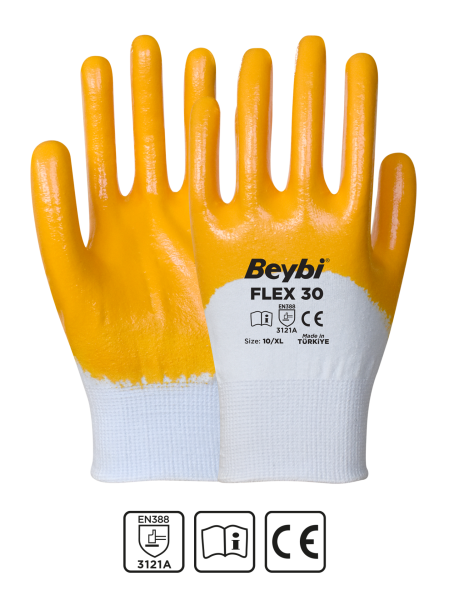 Beybi Flex 30 Pamuk Görünümlü Polyester Örme Eldiven Beyaz-Sarı No 10