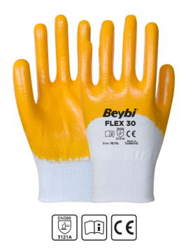 Beybi Flex 30 Pamuk Görünümlü Polyester Örme Eldiven Beyaz-Sarı No 10