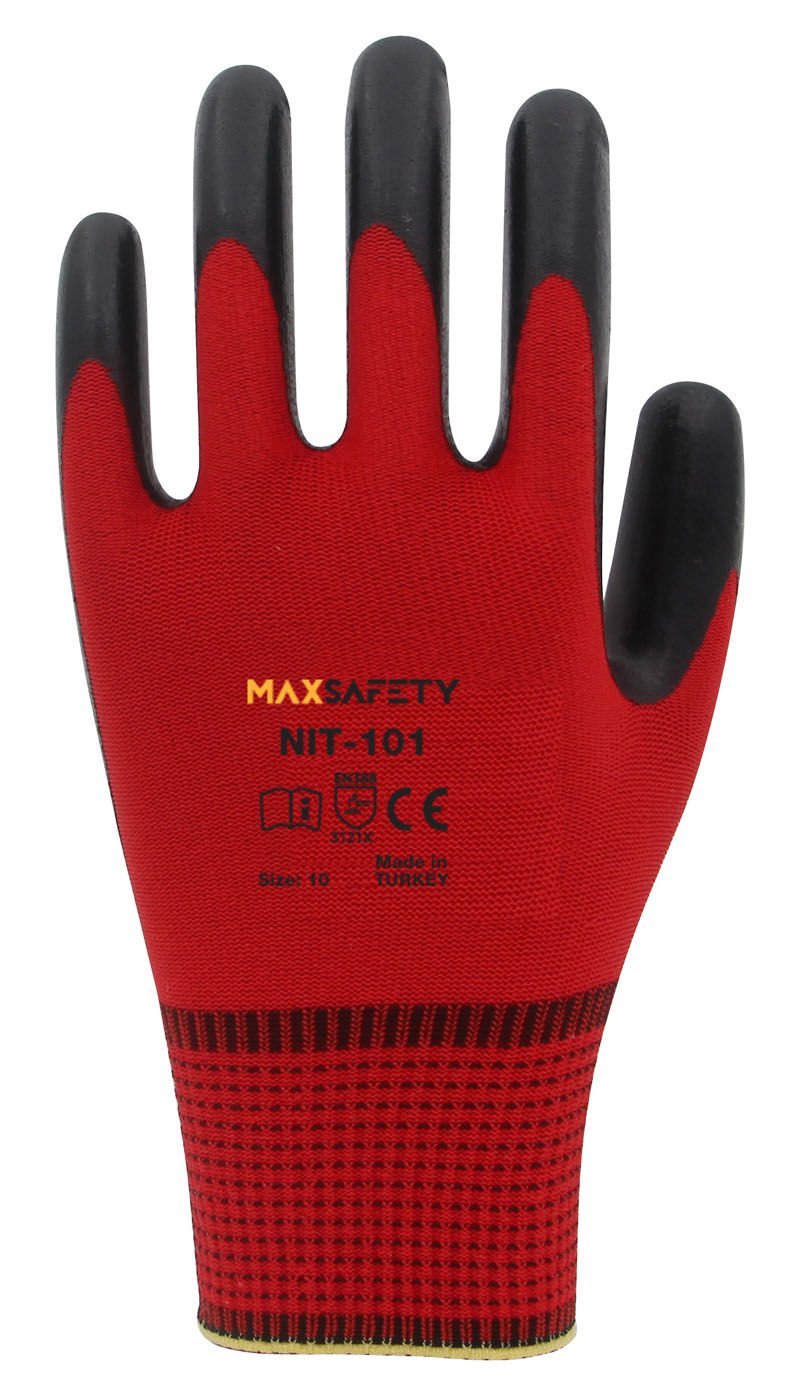 Maxsafety Nitril Kaplı Eldiven (Kırmızı - Siyah) No: 8 - 9 - 10 - MXNIT-101-10