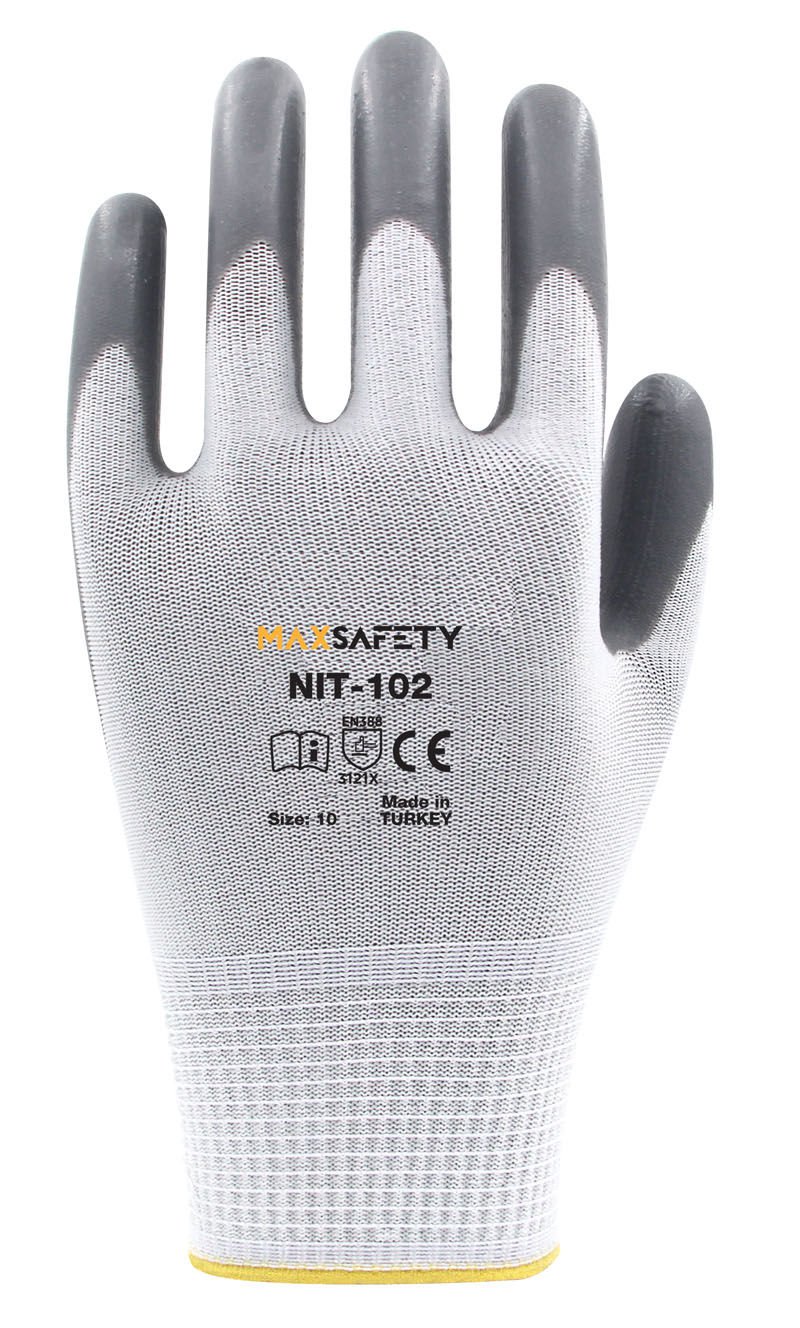 Maxsafety Nitril Kaplı Eldiven (Gri - Beyaz) No: 8 - 9 - 10 - MXNIT-102-10