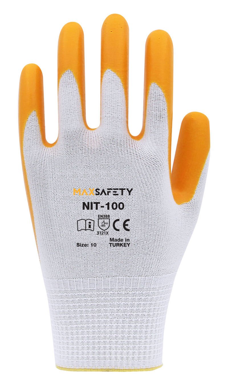 Maxsafety Nitril Kaplı Eldiven (Sarı - Beyaz) No: 8 - 9 - 10 - MXNIT-100-10