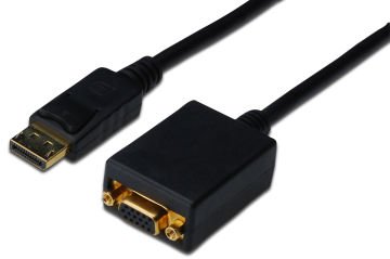 Assmann Displayport (Dp) Vga Adaptörü, Dp Erkek - Hd15 Dişi, 0.15 Mt, Kilit Mekanizmalı, Dp 1.2 Uyumlu, Ul, Siyah Renk
