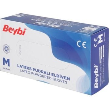 Beybi Latex Muayene Eldiveni Pudralı Beyaz M Beden (100 Lü)
