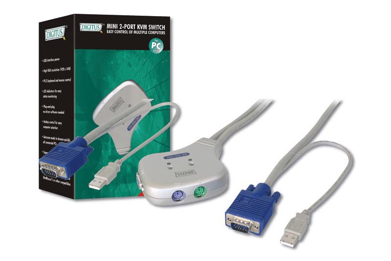 Assmann Digitus 2 Portlu Usb Mini Kvm (Keyboard/Video Monitor/Mouse) Switch, Masaüstü Tip, Kvm Bağlantı Kablosu Ürün Beraberinde Gelmektedir