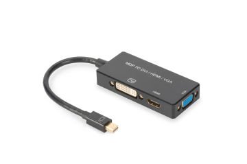 Assmann Mini Displayport (Dp) Hdmı / Dvı Dişi / Vga Çeviricisi, Kablolu, 0.20 Mt, Mini Dp Erkek Hdmı Dişi + Dvı Dişi + Vga Dişi, Siyah Renk, Altın Kaplama