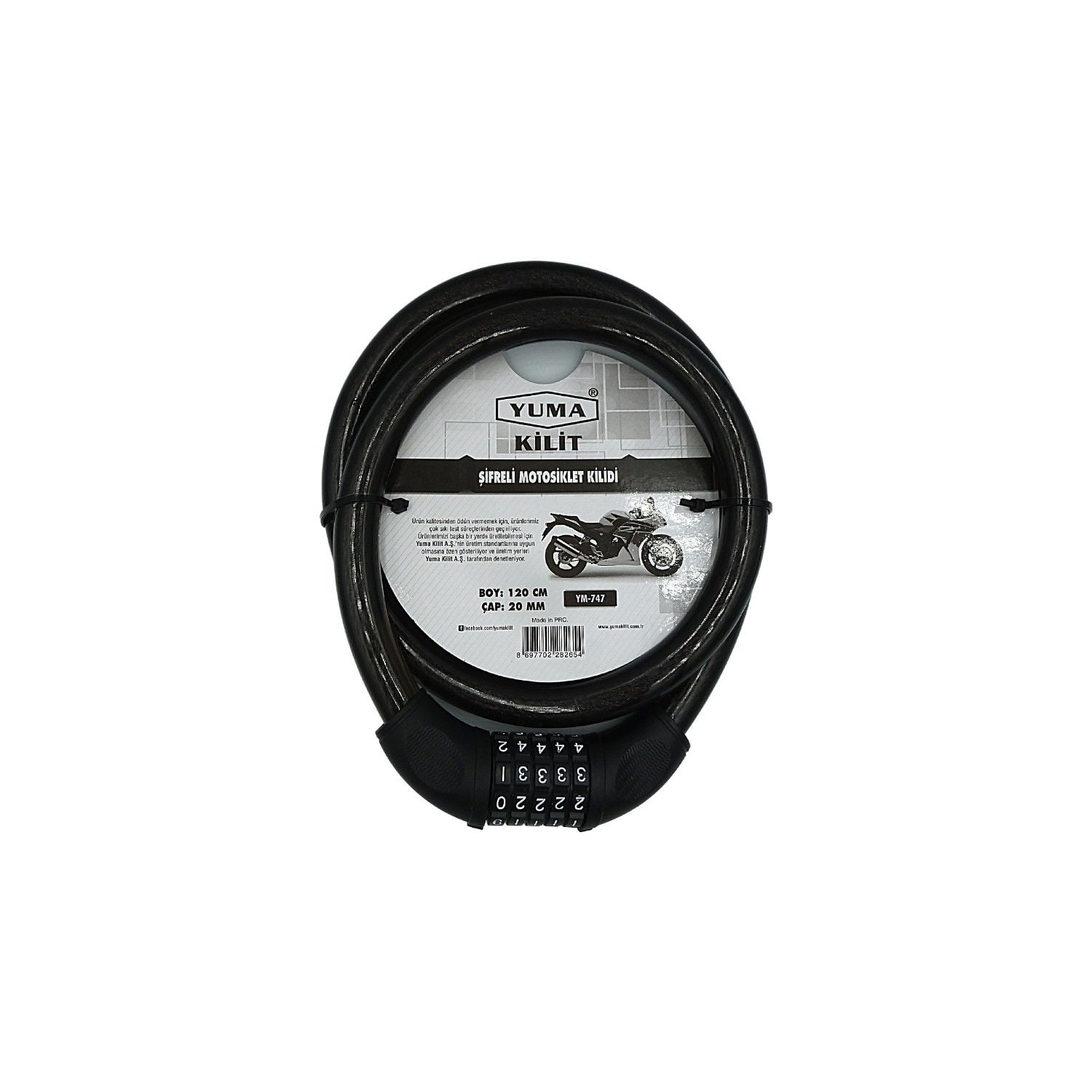 Yuma Kilit Motosiklet Kilidi Şifreli 20 Mm 120 Cm