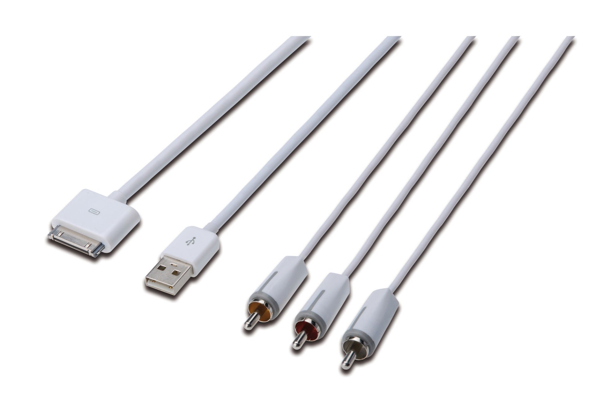 Assmann Digitus Apple Audio/Video Bağlantı Kablosu, Apple 30Pin Erkek - 3 X Rca Erkek + Usb A Erkek, 1.5 Mt, Komposit Audio/Video, Usb 2.0 Uyumlu, Ul, Beyaz Renk