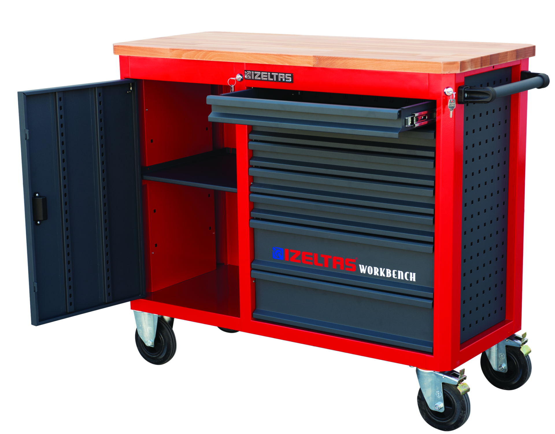 İzeltaş Takım Dolabı Ahşap Üst Tablalı Kırmızı Workbench