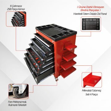 Brio Hareketli Tekerlekli Takım Dolabı Takım Arabası 6 Çekmeceli Kilitli Pro Ss 258 Parça Kırmızı Dolu